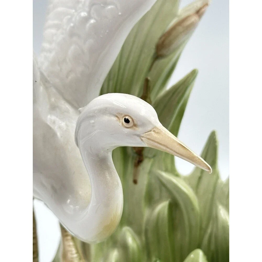 Vintage Fitz & Floyd Egret Heron Candleholder 1986 Porcelain Reeds & Cattails